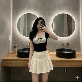 Áo croptop ngắn tay chất thun tăm co giãn cổ vuông ren ngực phối nơ form ôm 2 màu VANISA CT096