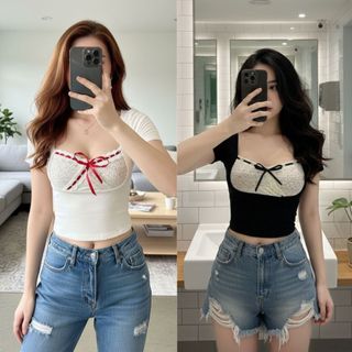 Áo thun tăm nữ ngắn tay cổ vuông phối ren dáng croptop màu trắng đen VANISA CT096