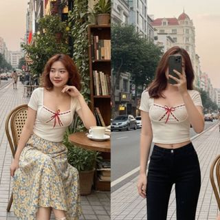 Áo croptop ngắn tay chất thun tăm co giãn cổ vuông ren ngực phối nơ form ôm 2 màu VANISA CT096
