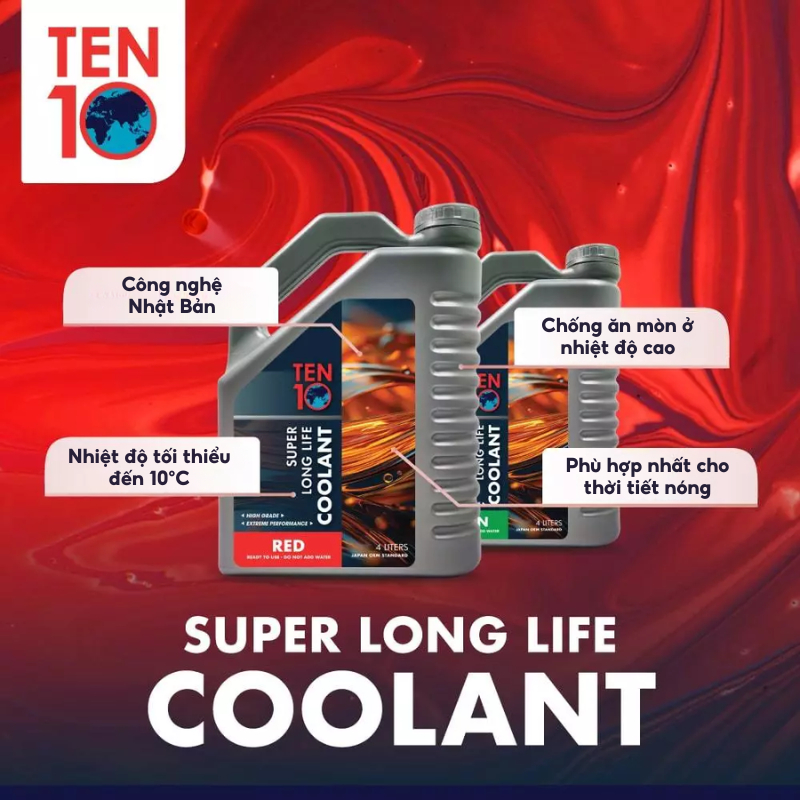 Nước Làm Mát Động Cơ Ô Tô TEN10 Màu Đỏ/Xanh Lá 4Lit Nhập Khẩu Malaysia - Chính Hãng