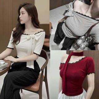 Áo thun gân nữ ngắn tay co giãn trễ vai phối ren dáng ôm màu trắng đỏ xám VANISA CT136