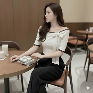 Áo tay ngắn nữ trễ vai form ôm chất thun gân mềm mịn viền ren kèm dây buộc freesize VANISA CT136