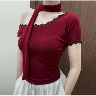 Áo tay ngắn nữ trễ vai form ôm chất thun gân mềm mịn viền ren kèm dây buộc freesize VANISA CT136