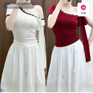 Áo tay ngắn nữ trễ vai form ôm chất thun gân mềm mịn viền ren kèm dây buộc freesize VANISA CT136