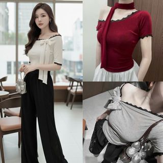 Áo trễ vai tay ngắn chất thun gân co giãn phối ren dáng ôm kèm dây buộc 3 màu VANISA CT136