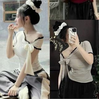 Áo thun nữ tay ngắn trễ vai viền ren co giãn kèm dây buộc freesize dưới 55kg 3 màu VANISA CT136