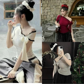 Áo thun nữ tay ngắn trễ vai viền ren co giãn kèm dây buộc freesize dưới 55kg 3 màu VANISA CT136