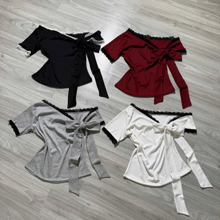 Áo thun nữ tay ngắn trễ vai viền ren co giãn kèm dây buộc freesize dưới 55kg 3 màu VANISA CT136