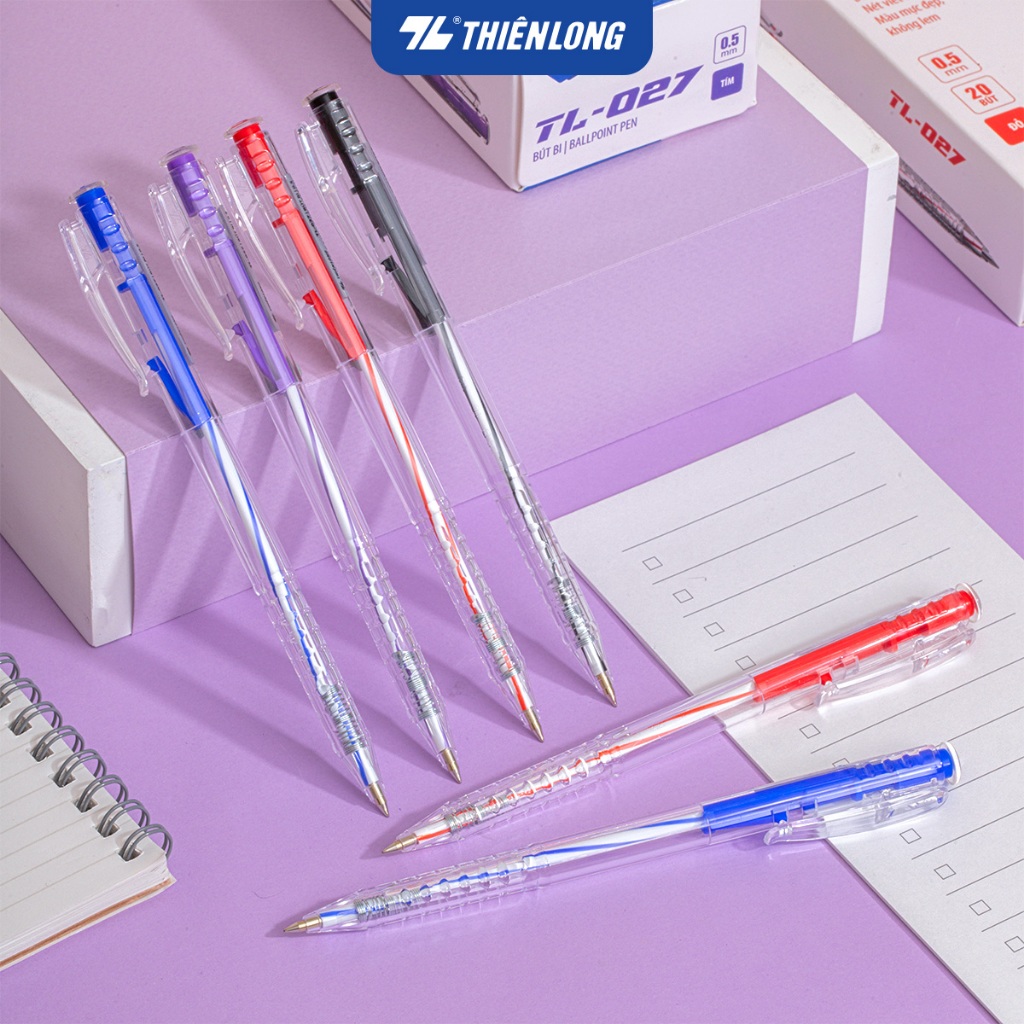 Hộp 20 Cây Bút bi Thiên Long TL-027 mực xanh/đỏ/đen/tím ngòi 0.5mm dạng ...