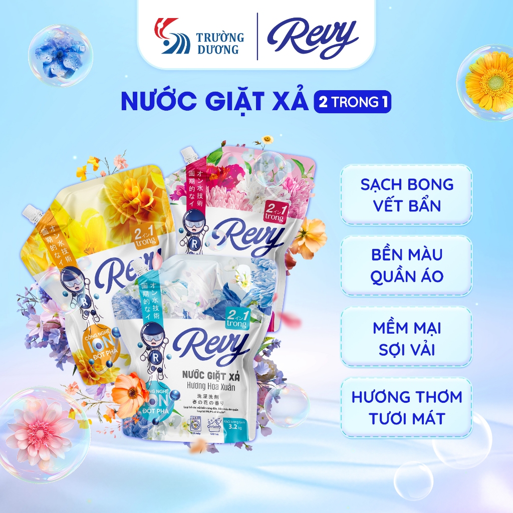 Revy Nước Giặt Xả 2 trong 1-TÚI 3.2kg - Công Nghệ ION Đột Phá Làm Sạch Nhanh Mềm Vải Hương Thơm Mát