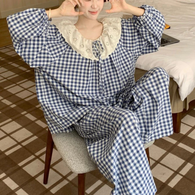 Bộ Pijama Nữ Mặc Nhà Pijama Nữ Mùa Hè Dài Tay Đũi Caro Bigsize Vải Mát Dễ Thương - PONA