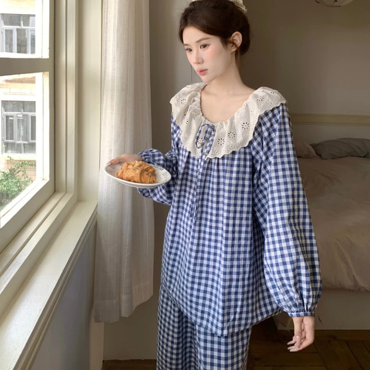Bộ Pijama Nữ Mặc Nhà Pijama Nữ Mùa Hè Dài Tay Đũi Caro Bigsize Vải Mát Dễ Thương - PONA