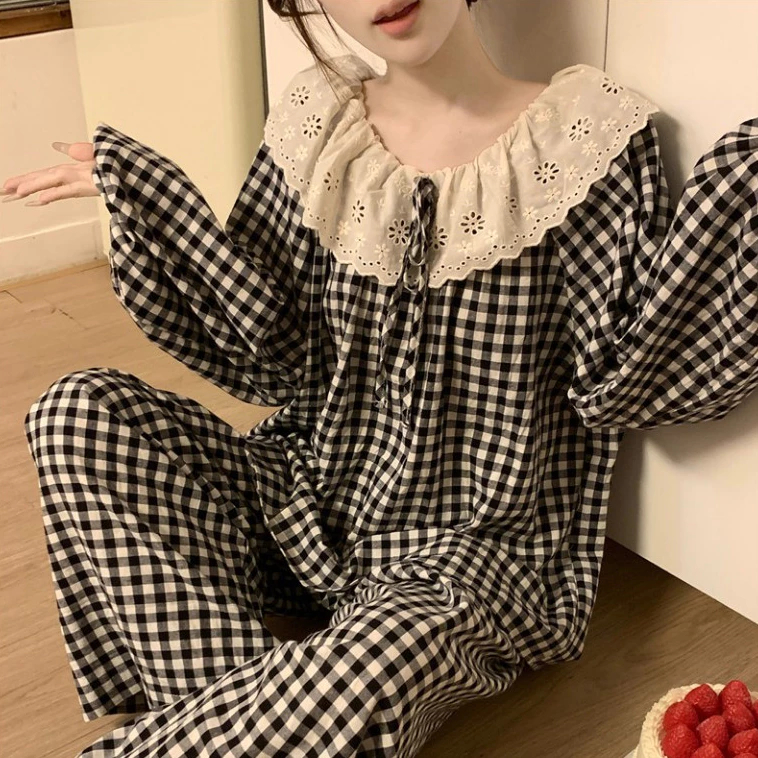 Bộ Pijama Nữ Mặc Nhà Pijama Nữ Mùa Hè Dài Tay Đũi Caro Bigsize Vải Mát Dễ Thương - PONA