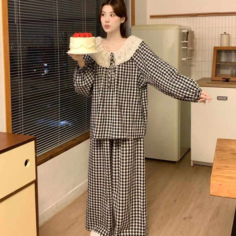 Bộ Pijama Nữ Mặc Nhà Pijama Nữ Mùa Hè Dài Tay Đũi Caro Bigsize Vải Mát Dễ Thương - PONA