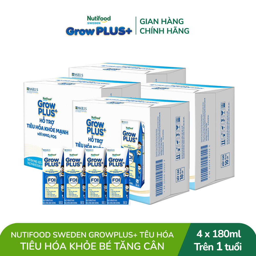 Combo 4 Thùng 24 hộp Sữa bột pha sẵn Nutifood Sweden GrowPLUS+ Tiêu Hóa (Xanh Nhạt) 1+ - Tiêu hóa khỏe, tăng cân 180ml