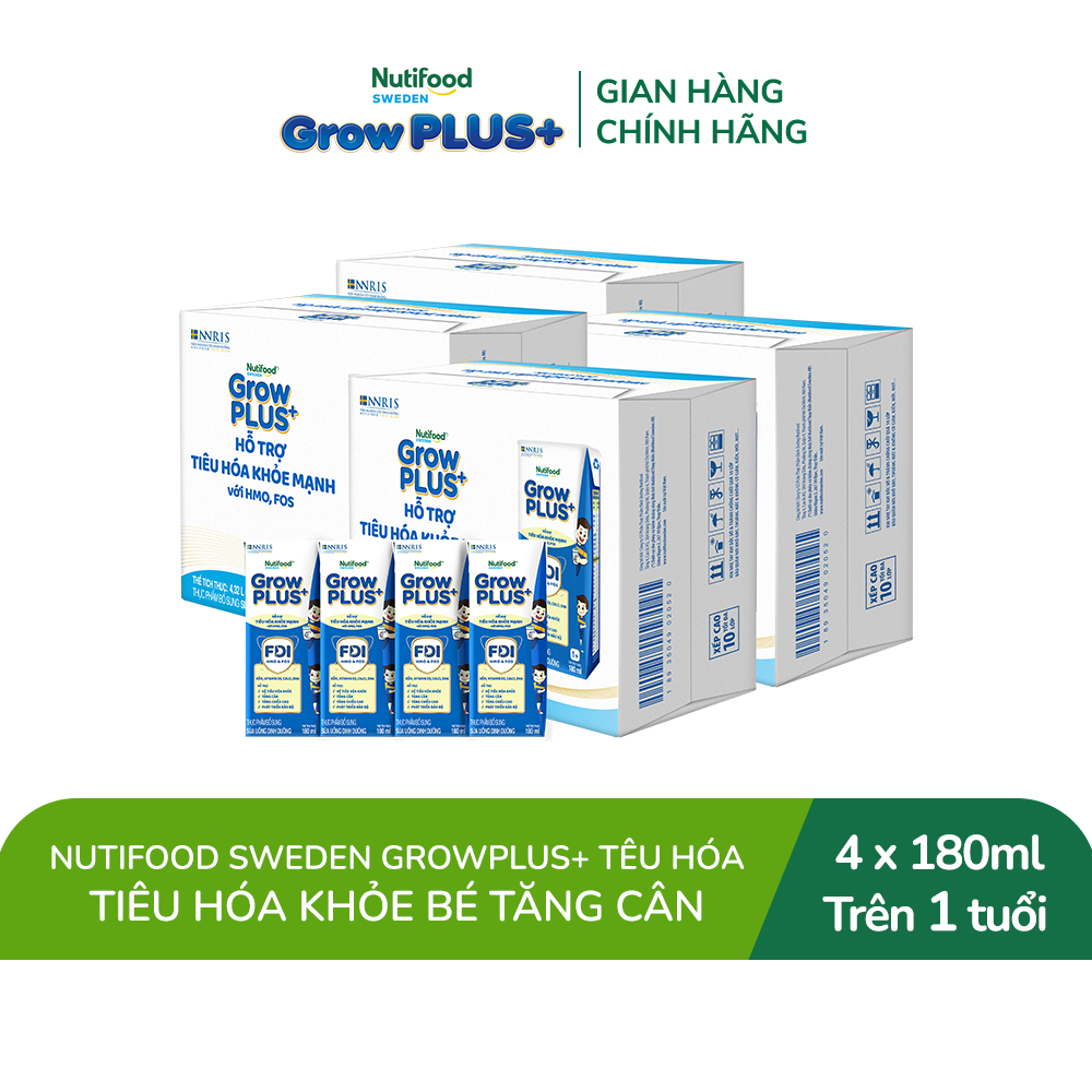 Combo 4 Thùng 24 hộp Sữa bột pha sẵn Nutifood Sweden GrowPLUS+ Tiêu Hóa (Xanh Nhạt) 1+ - Tiêu hóa khỏe, tăng cân 180ml