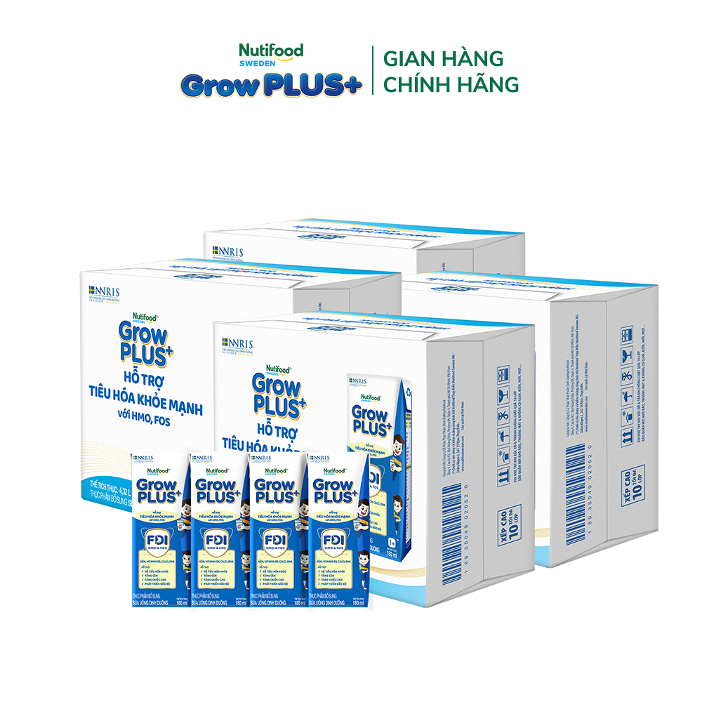 Combo 4 Thùng 24 hộp Sữa bột pha sẵn Nutifood Sweden GrowPLUS+ Tiêu Hóa (Xanh Nhạt) 1+ - Tiêu hóa khỏe, tăng cân 180ml