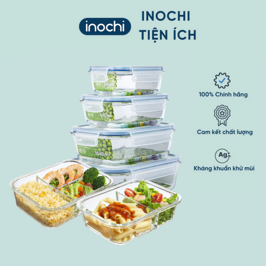 Hộp thủy tinh chữ nhật chia ngăn (1 ngăn, 2 ngăn, 3 ngăn) Inochi đựng thức ăn an toàn