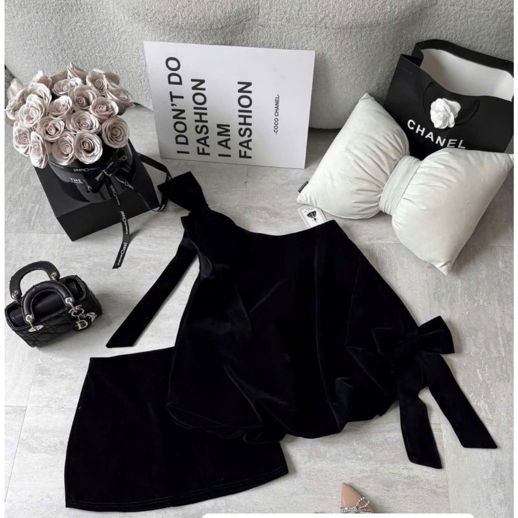 ZIMM STORE -  Bộ nữ áo nhung vai đính nơ from rộng phối chân váy ngắn