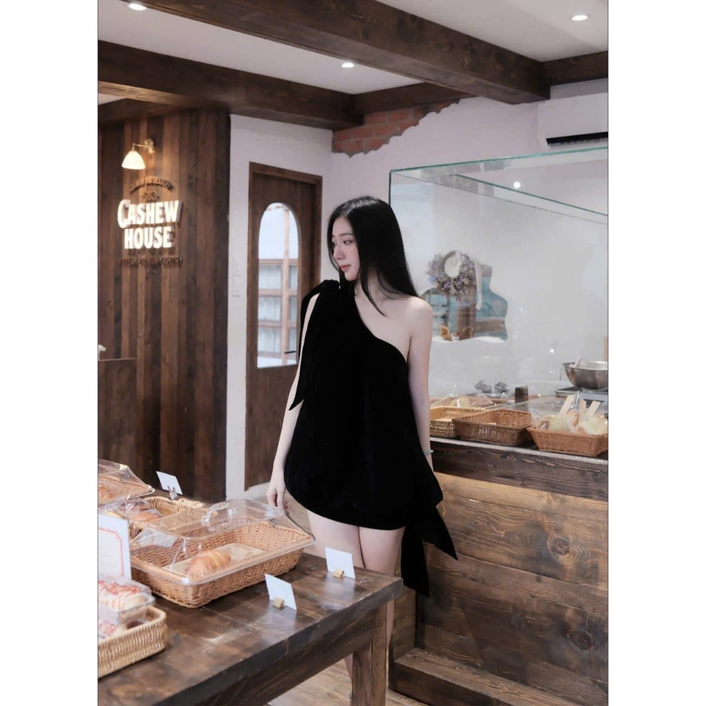 ZIMM STORE -  Bộ nữ áo nhung vai đính nơ from rộng phối chân váy ngắn