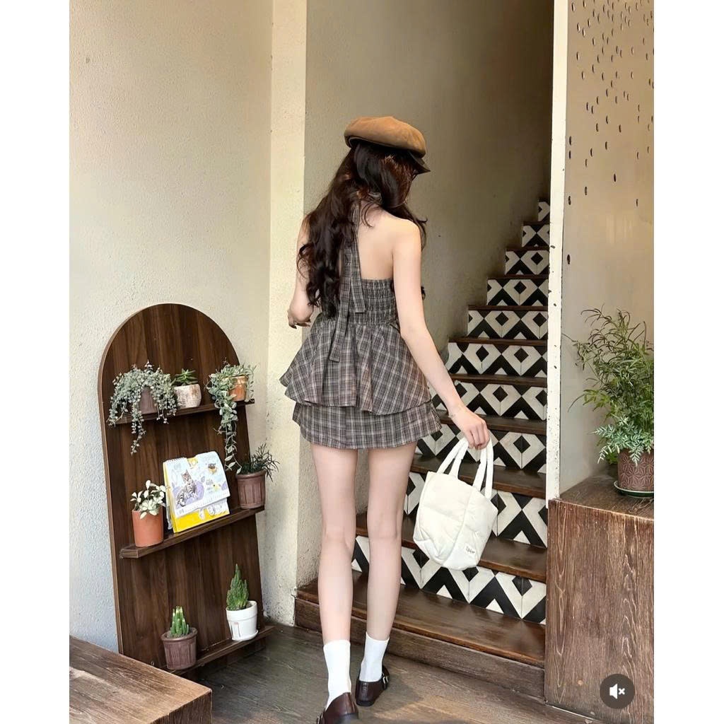 Set Áo Yếm Dáng Xòe Kèm Chân Váy Buộc Nơ Chiết Eo Tôn Dáng Caro Chữ A NV779 Set Váy Xinh Năng Động