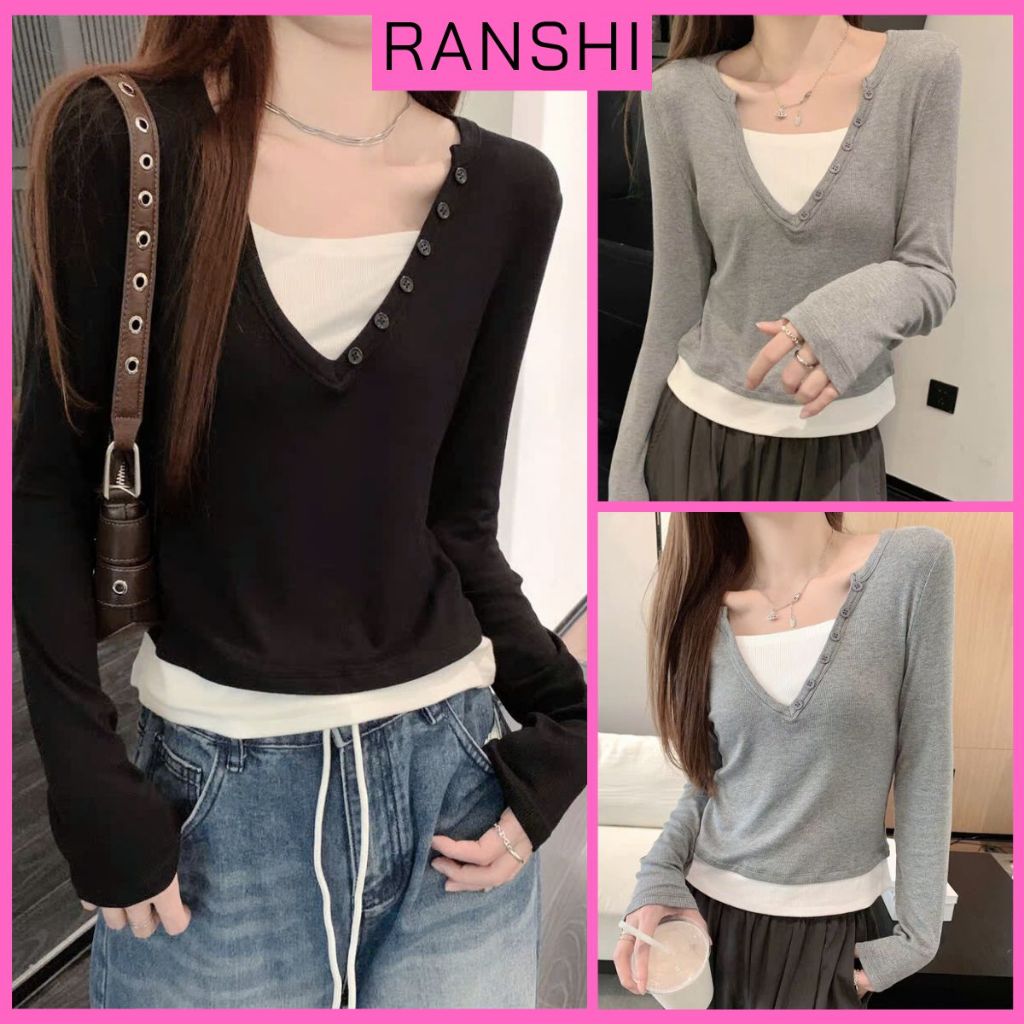 [CÓ SIZE] Áo Thun Dài Tay Cổ Tim Hai Lớp Phối Cúc RANSHI Kiểu Basic Dễ Phối Đồ Chất Thun Gân QC Cao Cấp - RA336