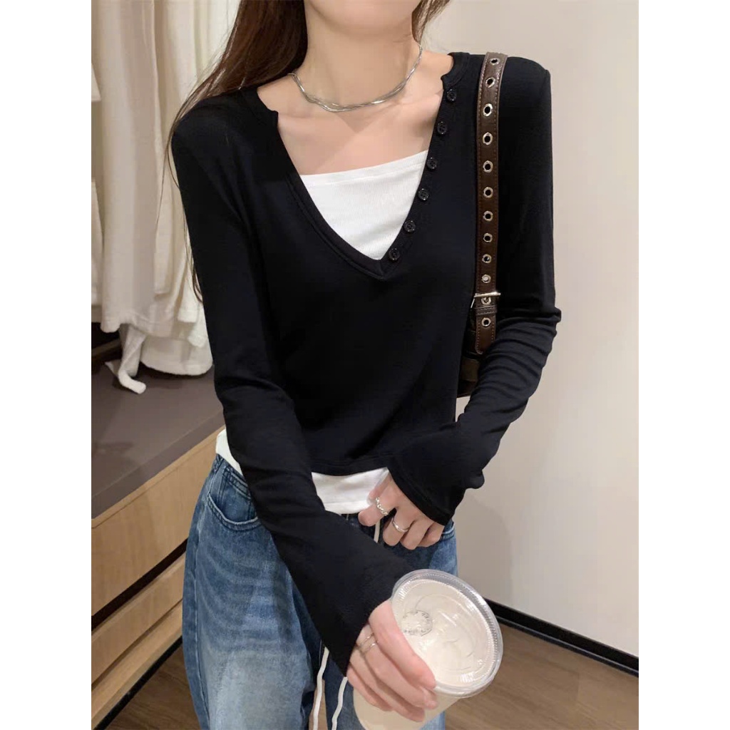 [CÓ SIZE] Áo Thun Dài Tay Cổ Tim Hai Lớp Phối Cúc RANSHI Kiểu Basic Dễ Phối Đồ Chất Thun Gân QC Cao Cấp - RA336