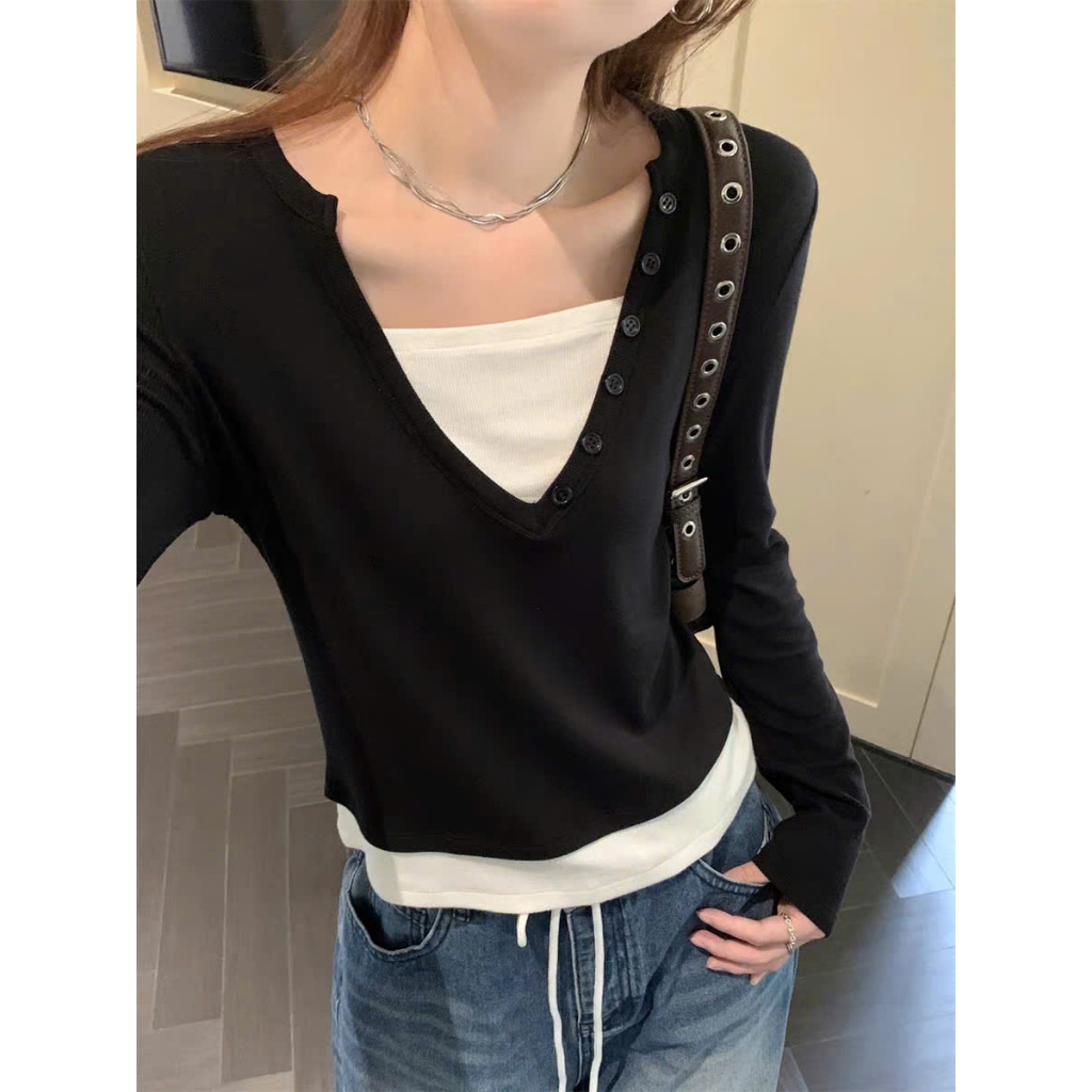 [CÓ SIZE] Áo Thun Dài Tay Cổ Tim Hai Lớp Phối Cúc RANSHI Kiểu Basic Dễ Phối Đồ Chất Thun Gân QC Cao Cấp - RA336