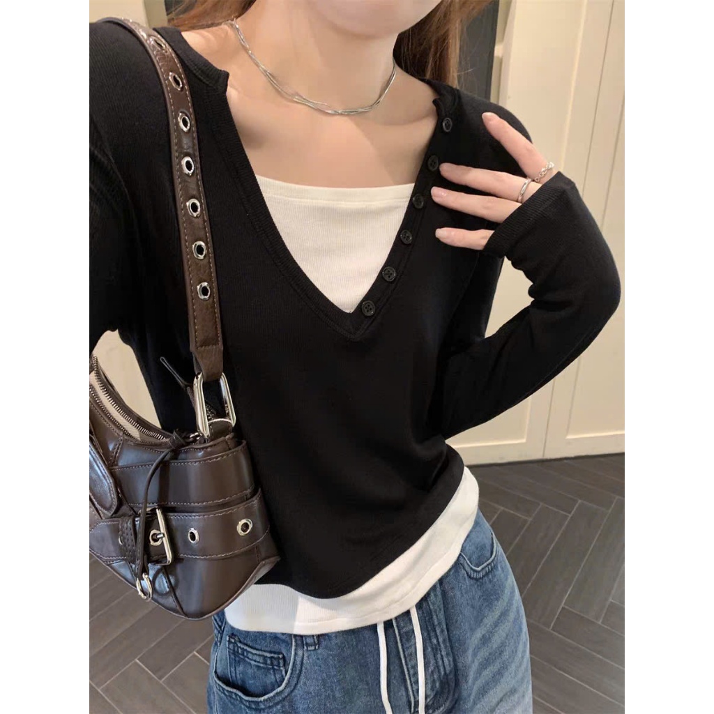 [CÓ SIZE] Áo Thun Dài Tay Cổ Tim Hai Lớp Phối Cúc RANSHI Kiểu Basic Dễ Phối Đồ Chất Thun Gân QC Cao Cấp - RA336