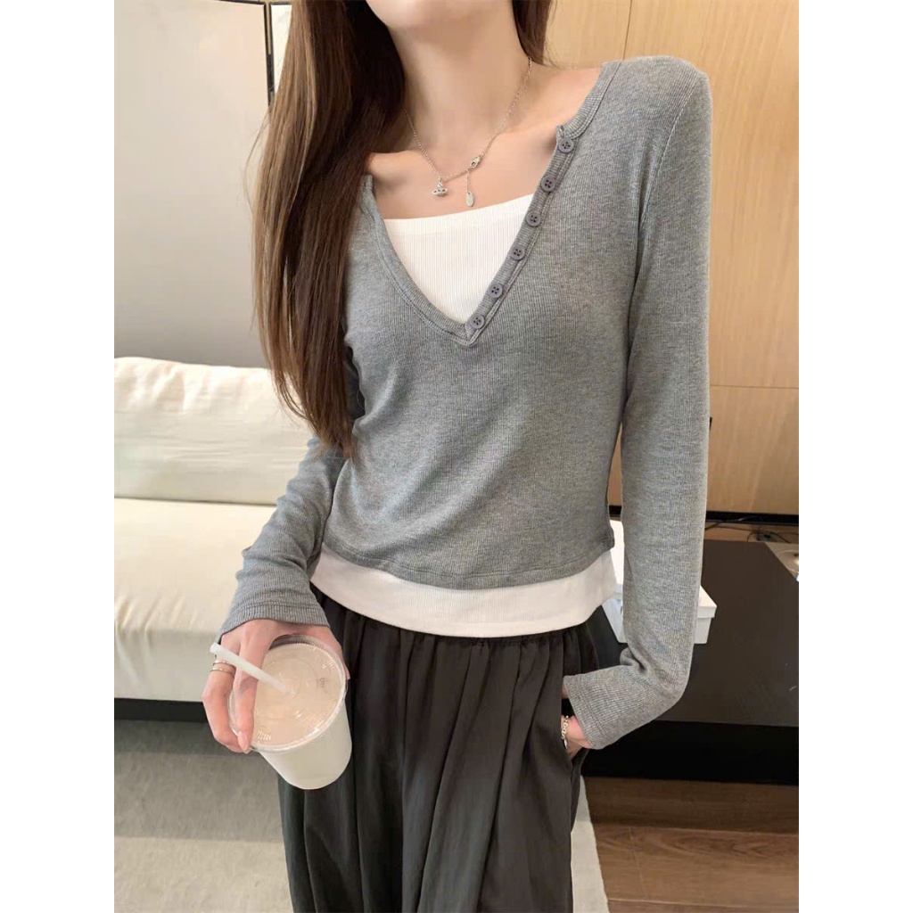 [CÓ SIZE] Áo Thun Dài Tay Cổ Tim Hai Lớp Phối Cúc RANSHI Kiểu Basic Dễ Phối Đồ Chất Thun Gân QC Cao Cấp - RA336