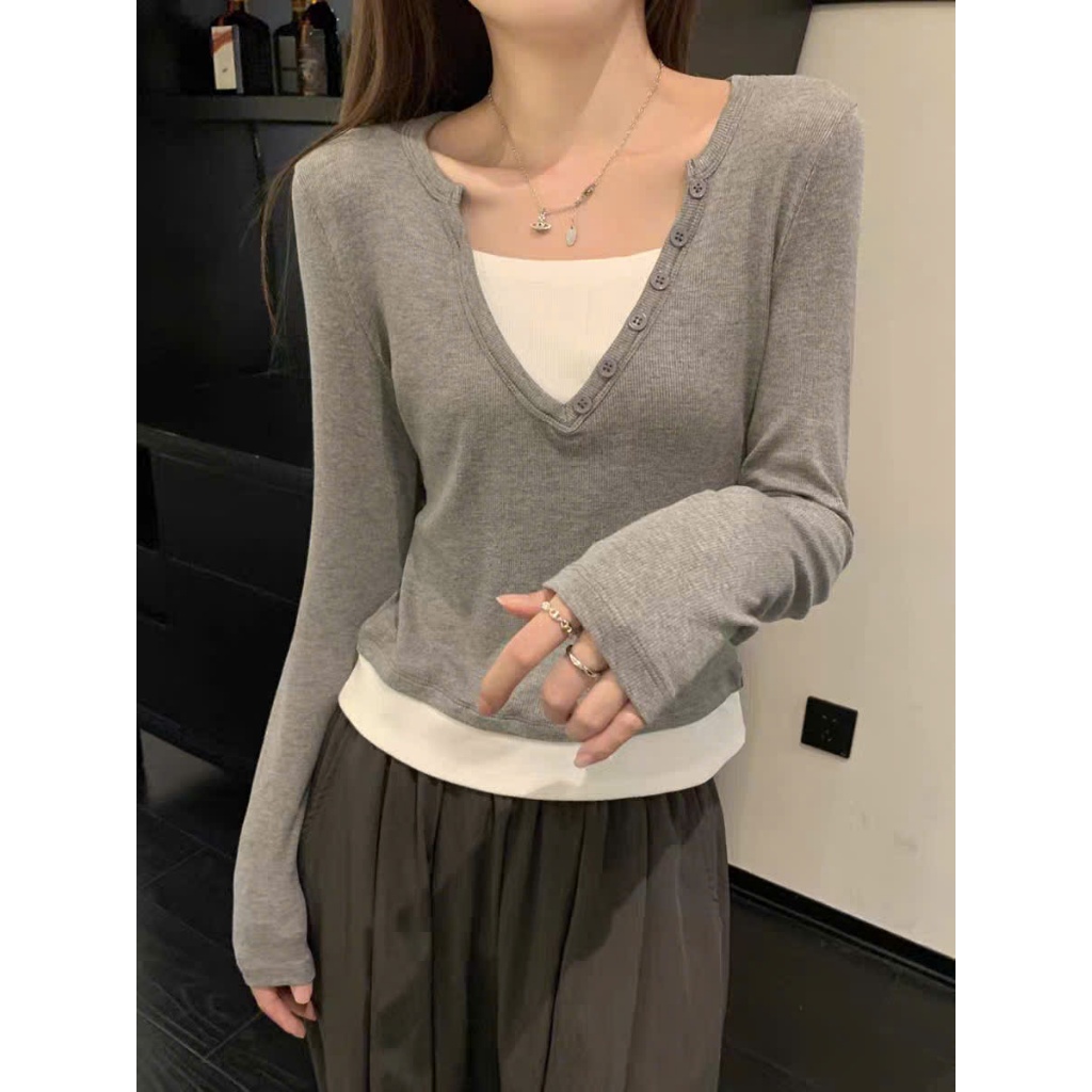 [CÓ SIZE] Áo Thun Dài Tay Cổ Tim Hai Lớp Phối Cúc RANSHI Kiểu Basic Dễ Phối Đồ Chất Thun Gân QC Cao Cấp - RA336