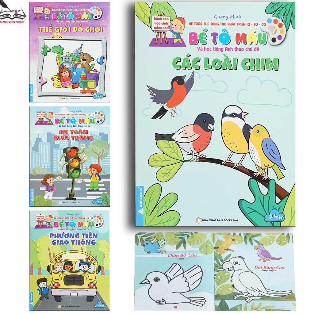 Sách - Bộ 4 Quyển Bé Tô Màu Và Học Tiếng Anh Theo Chủ Đề: Các Loài Chim, Thế Giới Đồ Chơi, An Toàn Giao Thông, Phương Ti