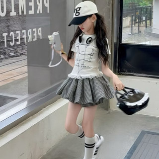 [B&G] sét váy áo thun cotton trắng kèm chân váy caro trắng đen cho bé gái từ 10-45kg