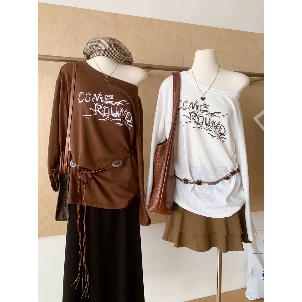 BST Áo dài tay lệch vai dáng rộng phong cách Hàn Quốc JULY FASHION, Áo tay dài trể vai in hình trẻ trung, chất vảu mềm