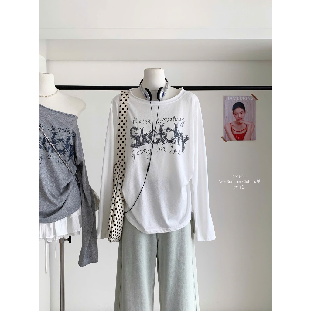BST Áo dài tay lệch vai dáng rộng phong cách Hàn Quốc JULY FASHION, Áo tay dài trể vai in hình trẻ trung, chất vảu mềm