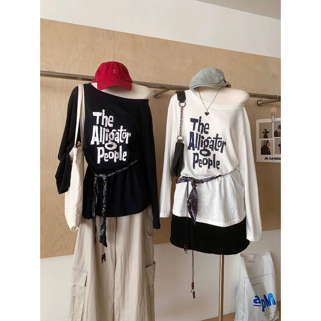 BST Áo dài tay lệch vai dáng rộng phong cách Hàn Quốc JULY FASHION, Áo tay dài trể vai in hình trẻ trung, chất vảu mềm