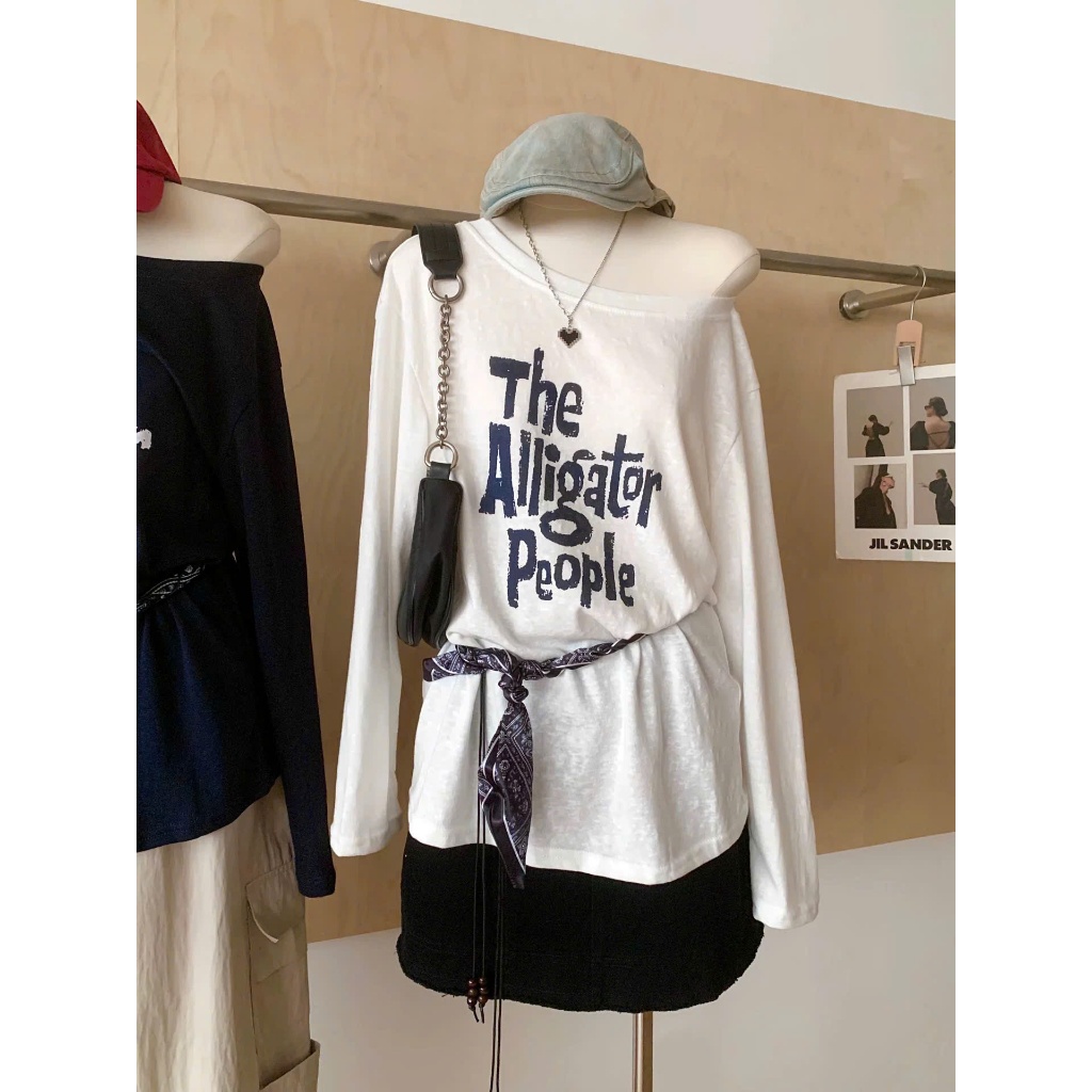 BST Áo dài tay lệch vai dáng rộng phong cách Hàn Quốc JULY FASHION, Áo tay dài trể vai in hình trẻ trung, chất vảu mềm