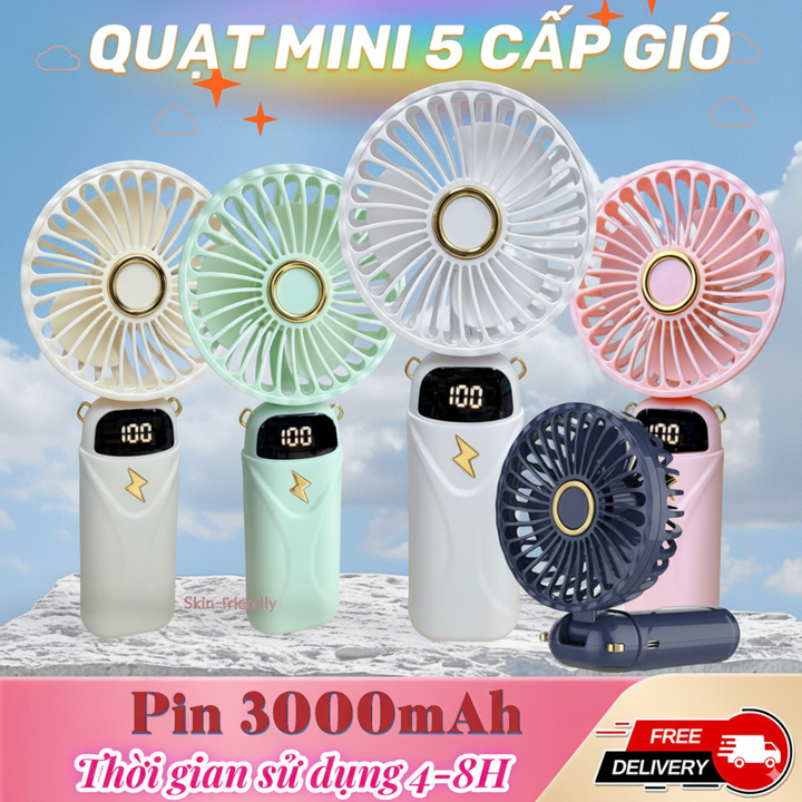 Quạt cầm tay tích điện dung lượng pin 3000 mAh sử dụng 4-8h cầm tay/đeo cổ/kê điện thoại