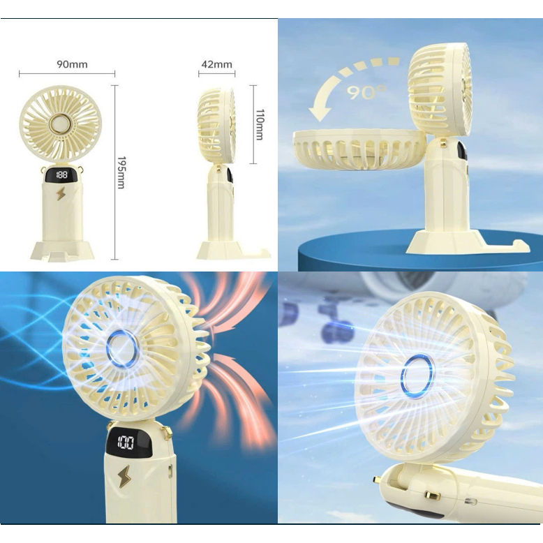 Quạt cầm tay tích điện dung lượng pin 3000 mAh sử dụng 4-8h cầm tay/đeo cổ/kê điện thoại