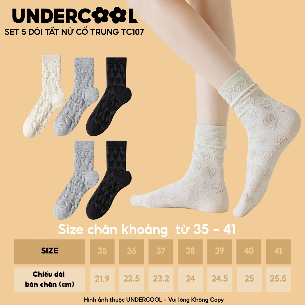 Combo 5 đôi Tất Vớ Nữ UNDERCOOL Cổ Trung, Set 5 Họa Tiết Trái Tim Dáng Nhún Mềm Mại hoạ tiết trái tim Hàn Quốc cb-tc107