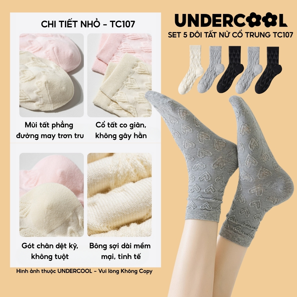 Combo 5 đôi Tất Vớ Nữ UNDERCOOL Cổ Trung, Set 5 Họa Tiết Trái Tim Dáng Nhún Mềm Mại hoạ tiết trái tim Hàn Quốc cb-tc107