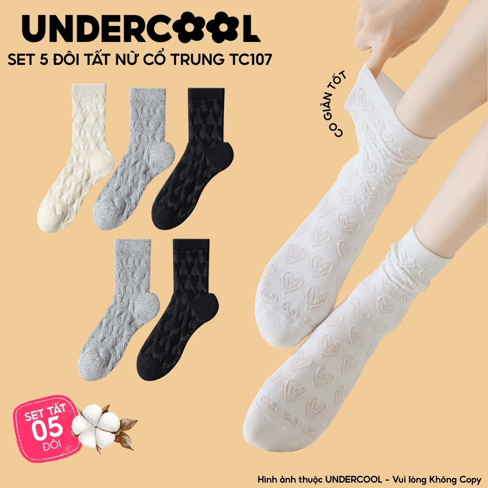Combo 5 đôi Tất Vớ Nữ UNDERCOOL Cổ Trung, Set 5 Họa Tiết Trái Tim Dáng Nhún Mềm Mại hoạ tiết trái tim Hàn Quốc cb-tc107