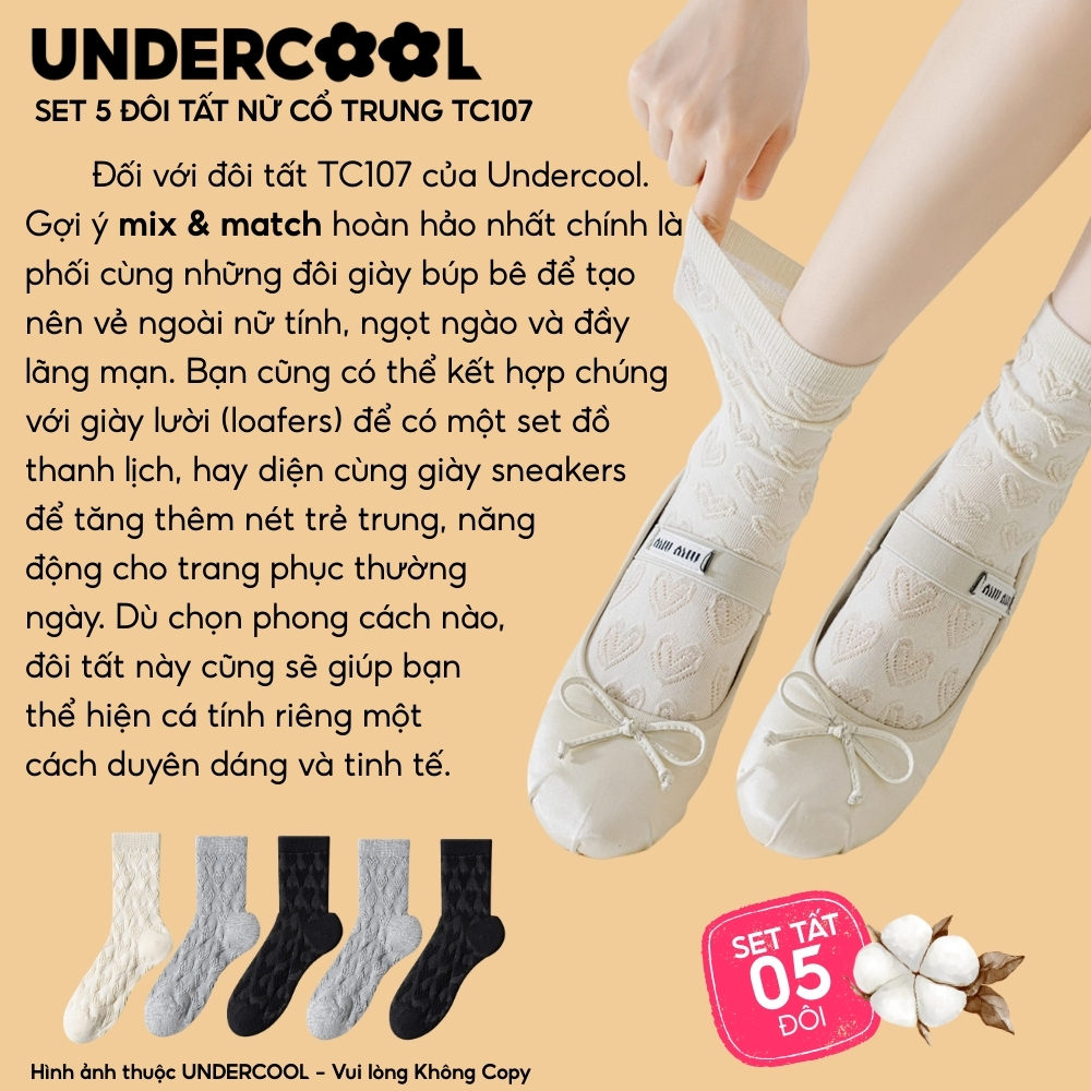 Combo 5 đôi Tất Vớ Nữ UNDERCOOL Cổ Trung, Set 5 Họa Tiết Trái Tim Dáng Nhún Mềm Mại hoạ tiết trái tim Hàn Quốc cb-tc107