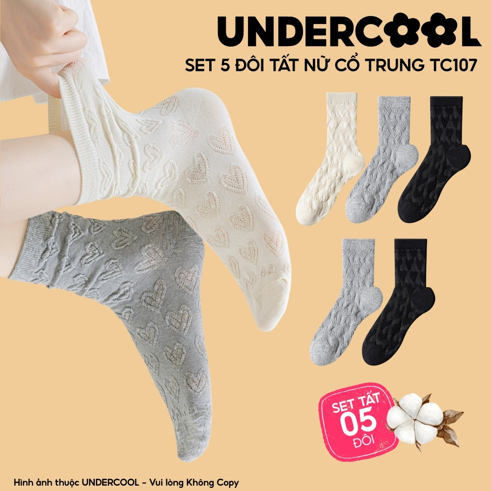 Combo 5 đôi Tất Vớ Nữ UNDERCOOL Cổ Trung, Set 5 Họa Tiết Trái Tim Dáng Nhún Mềm Mại hoạ tiết trái tim Hàn Quốc cb-tc107