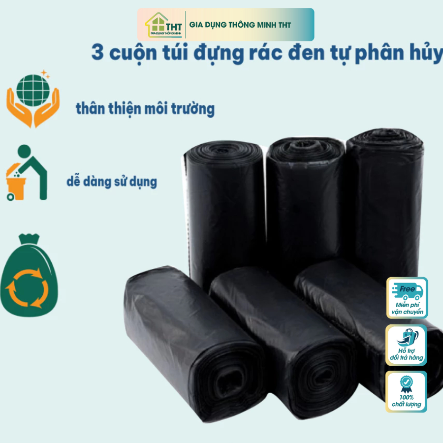 [Set 3 cuộn] Túi đựng rác đen tự phân hủy - size Trung vừa mọi thùng ...