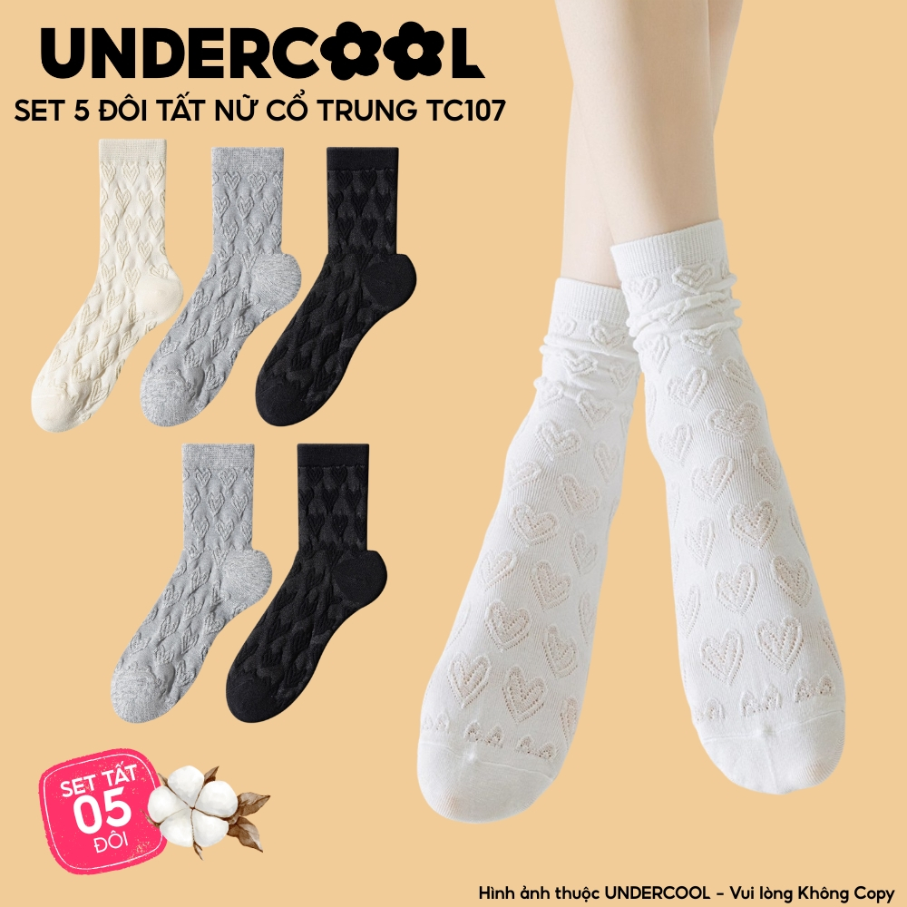 Combo 5 đôi Tất Vớ Nữ UNDERCOOL Cổ Trung, Set 5 Họa Tiết Trái Tim Dáng Nhún Mềm Mại hoạ tiết trái tim Hàn Quốc cb-tc107