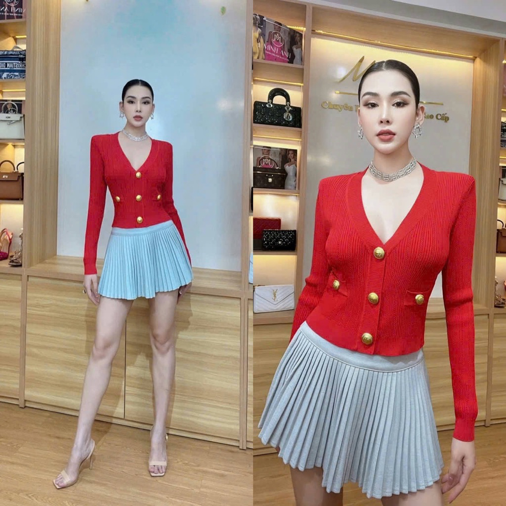 Áo len nút màu đỏ chất montoghi sieu câp freesize