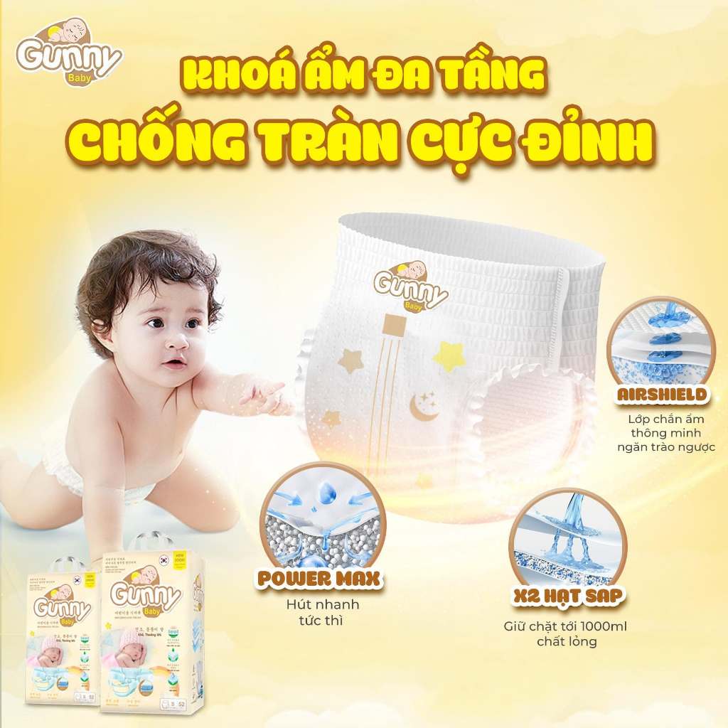 (Mua bỉm tặng quà) Tã Bỉm GUNNY Công Nghệ Hàn Quốc Dán/Quần Đủ Size từ 3kg đến 25kg (70 miếng) mềm mỏng, thấm hút tốt