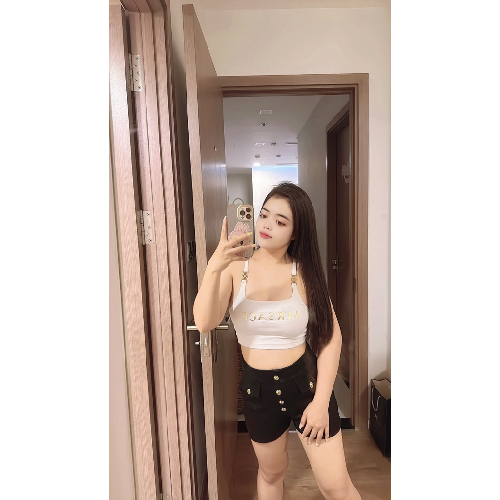 set áo hai dây croptop và short thun nút ngắn