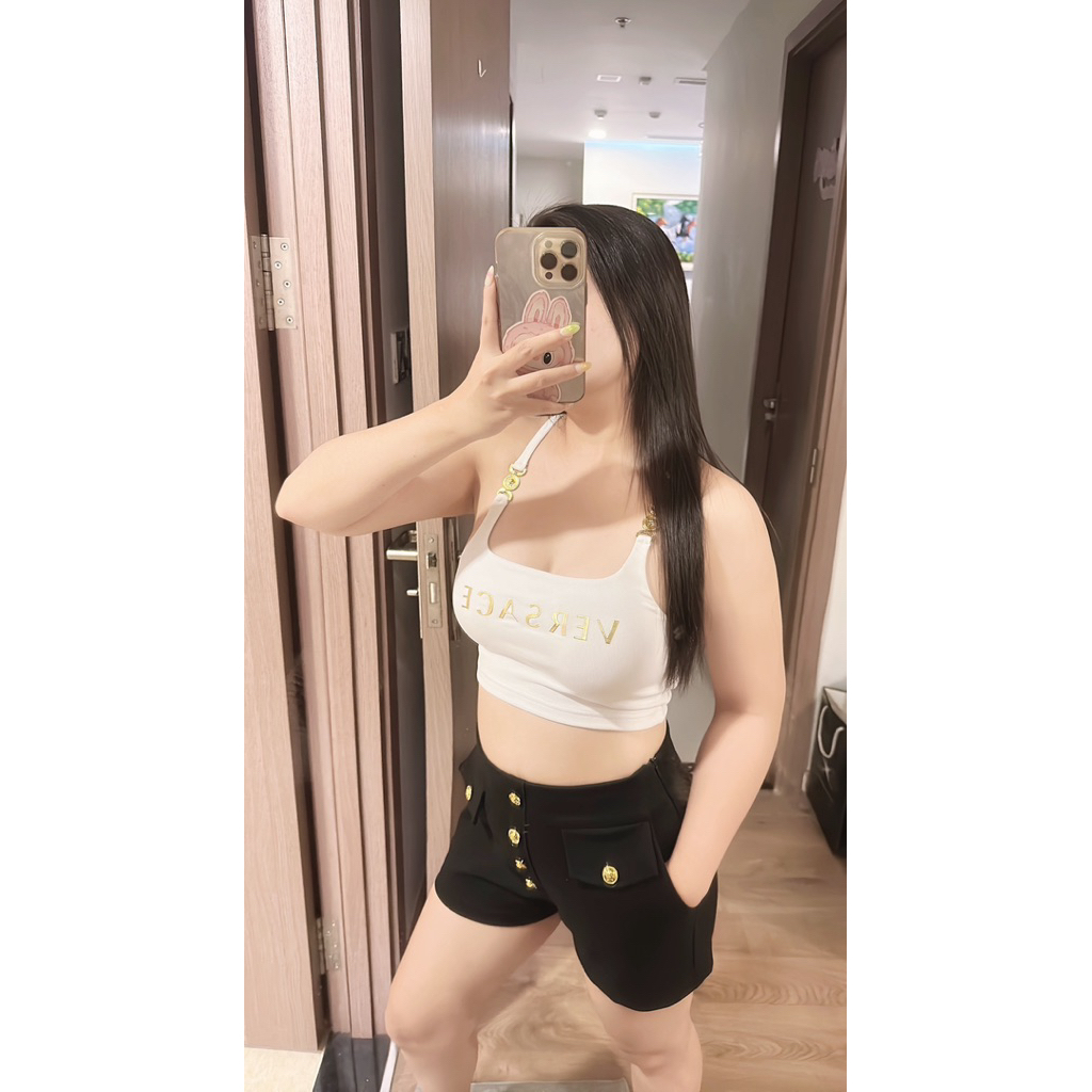 set áo hai dây croptop và short thun nút ngắn